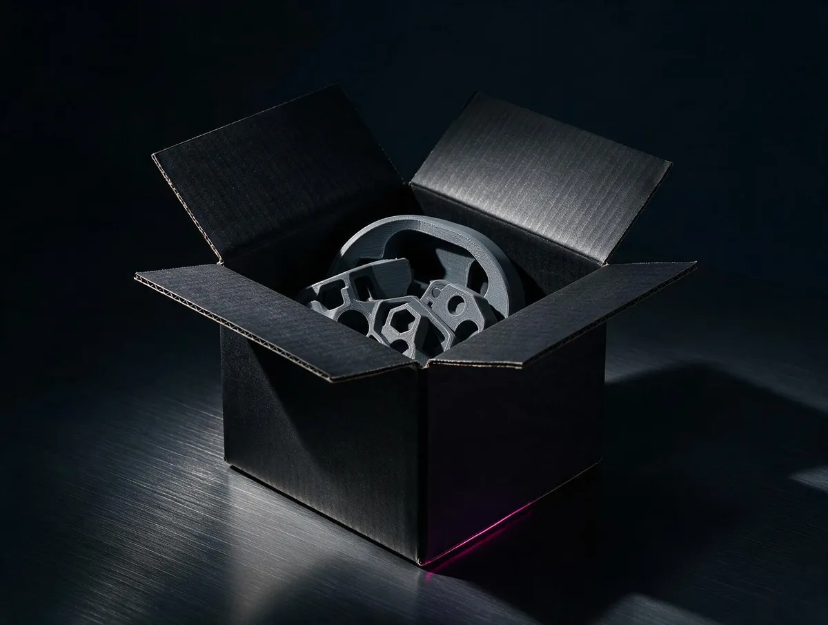 Caixa de papelão escura aberta com peças impressas em 3D encaixadas entre si, sem preenchimento de vazio
